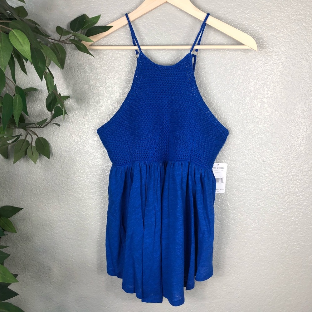 Free People Blue Crochet Halter Tank Top